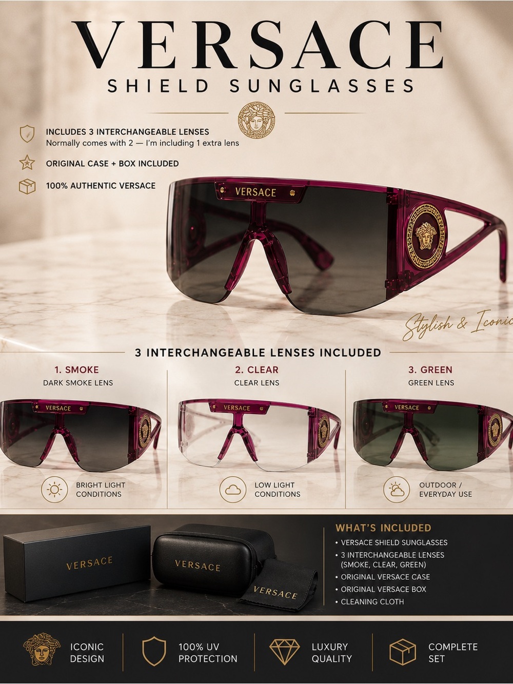 Authentic Versace shield sunglasses with interchangeable lense